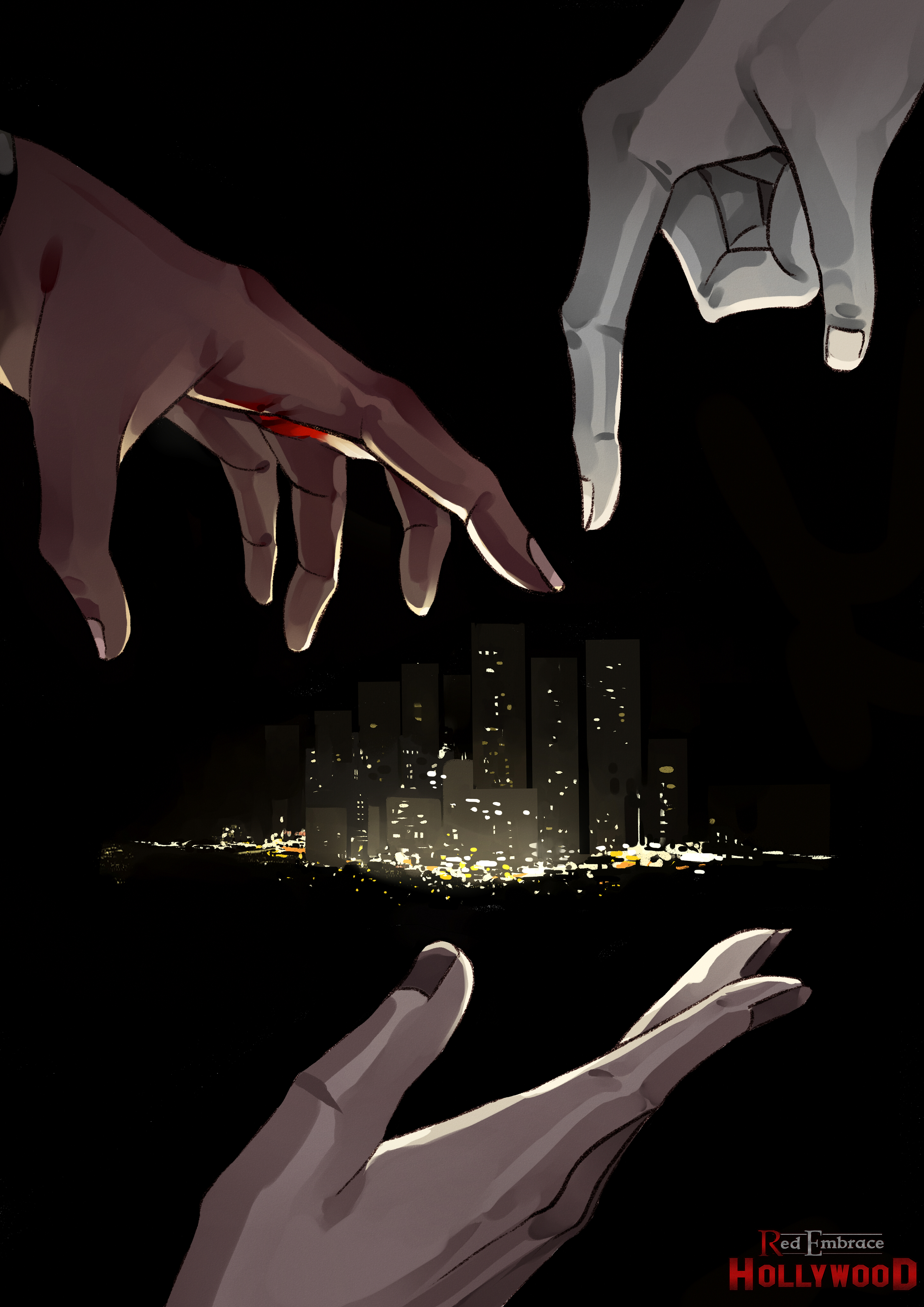 Hands around cityscape