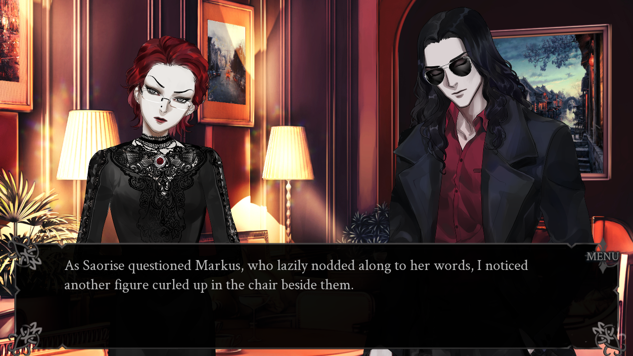 Saorise and Markus in the hotel meeting room. Text: As Saorise questioned Markus, who lazily nodded along to her words, I noticed another figure curled up in the chair beside them.