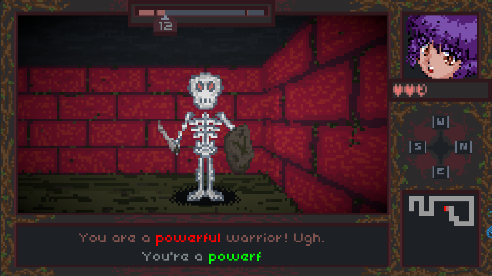 Skeleton on screen. Halfway through typing the attack 'You are a powerful warrior! Ugh.'