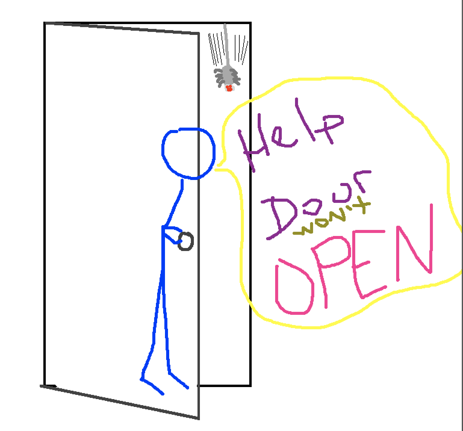 stick figure trying to open a door and missing a dropping spider jump scare