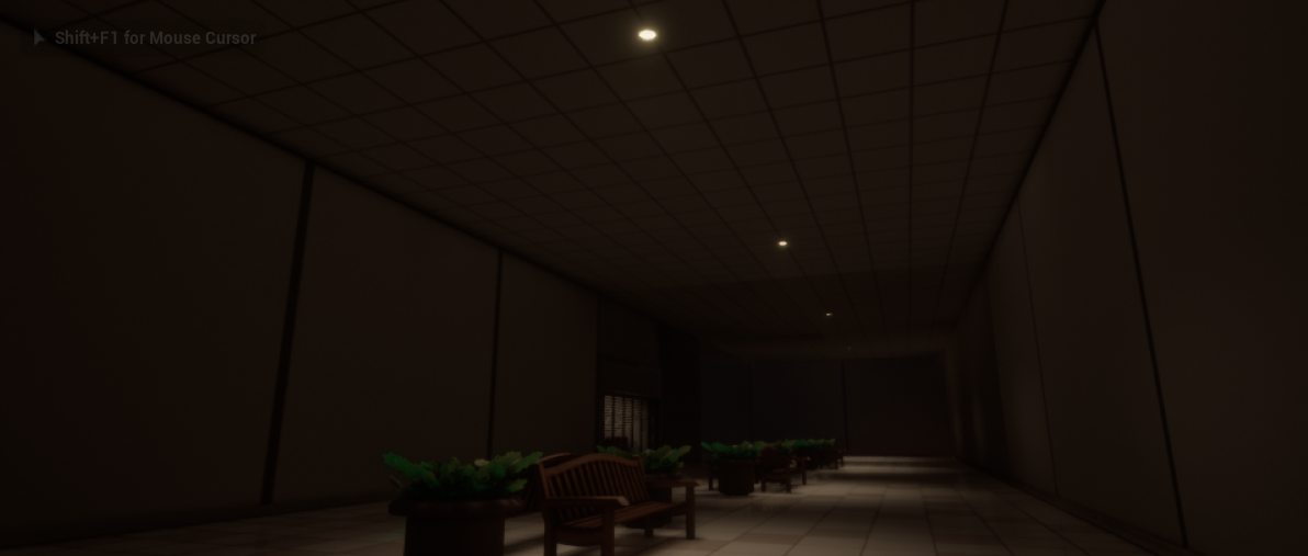 Dim hallway screenshot in-game with some benches and plants in the center of the hall