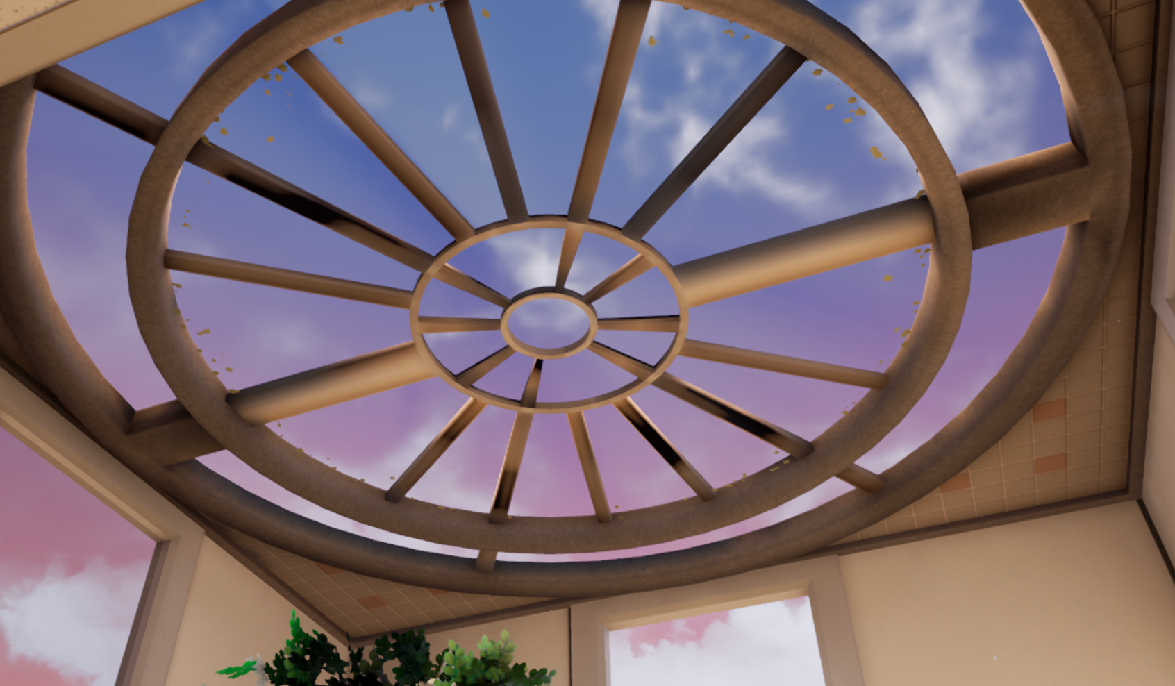 Screenshot of mall hub skylight showing a pink-purple-blue sky gradient