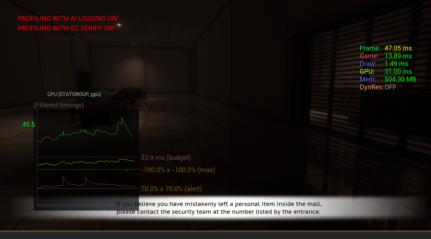 Screenshot of beginning hallway with graph and basic stats of how long it takes per frame to compute the GPU and Game threads, among other various stats