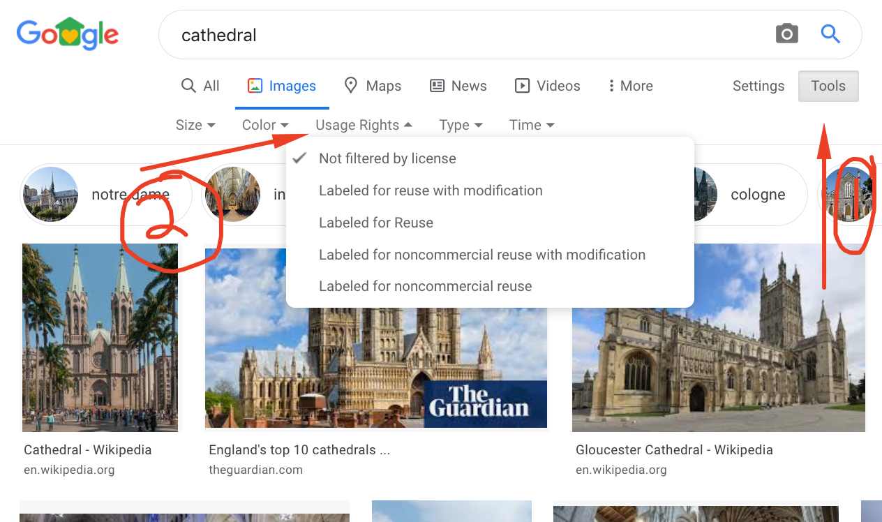 Google image search instructions to find Usage Rights filter
