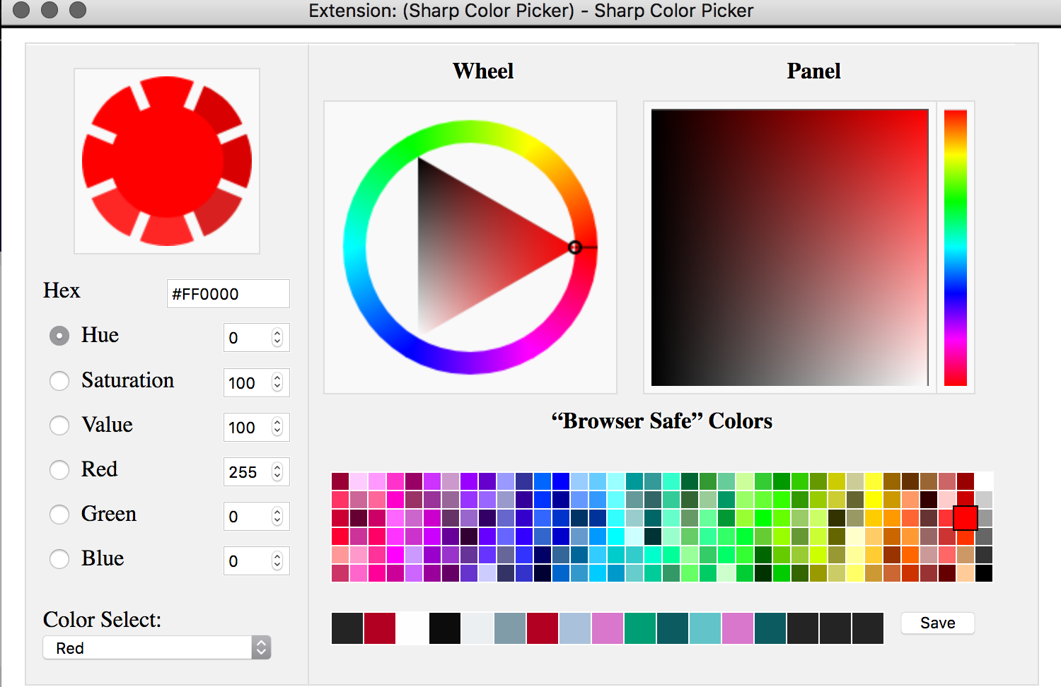 Color palette window with browser safe colors, a color wheel, color panel, hsvrgb color values, hex code, and a shade picking wheel