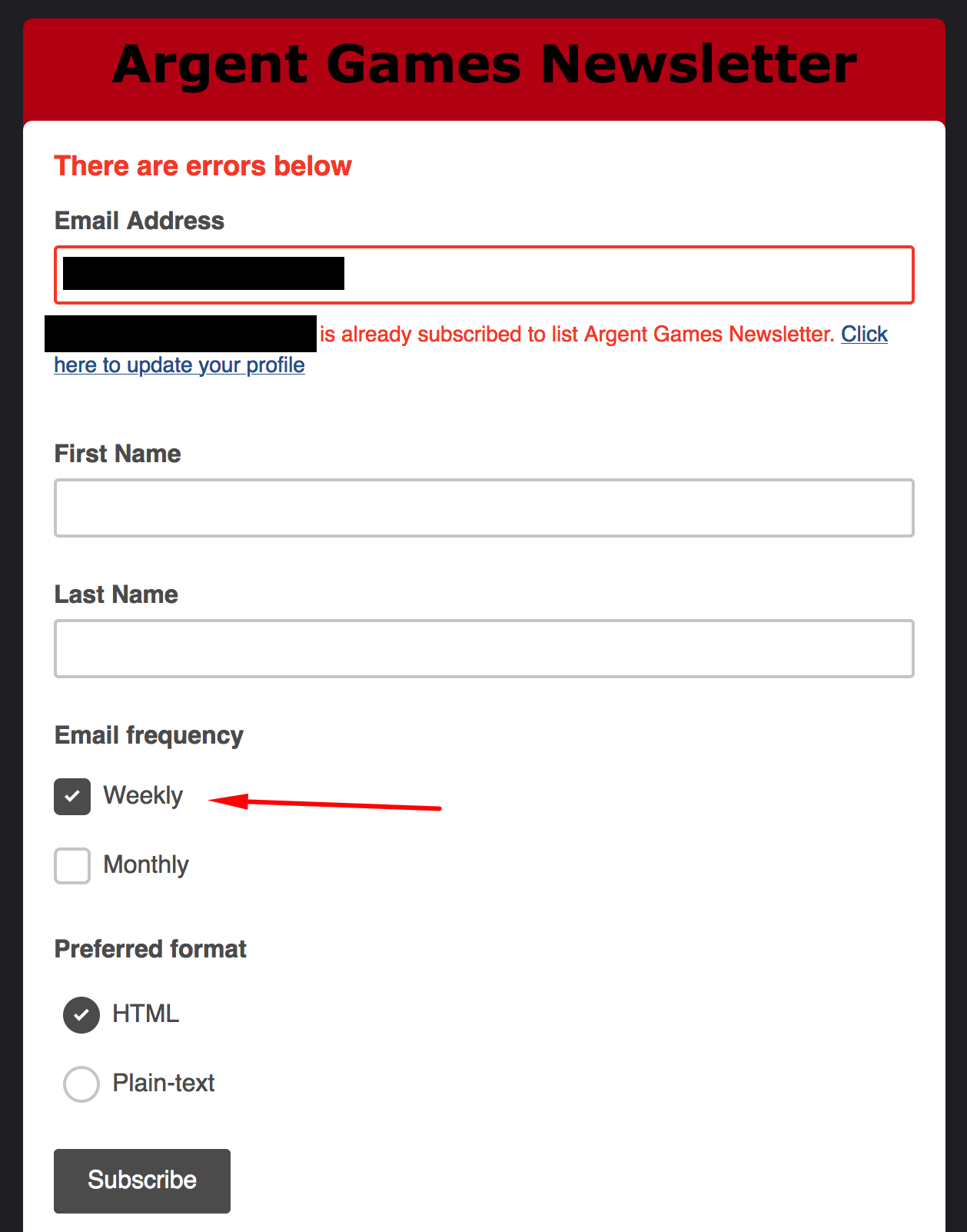 Mailchimp update subscription screen with arrow pointing at the Weekly email frequency option