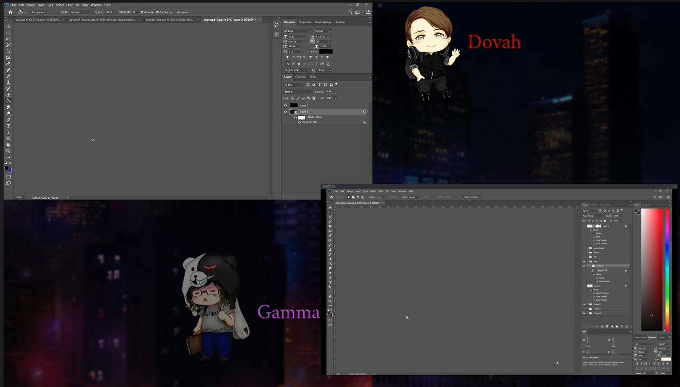 screenshot of the dev stream. two photoshop windows are open in the upper left and bottom right corners, with the dovah and gamma chibis in the upper right and bottom left corners. the dovah sprite is lit up indicating speech