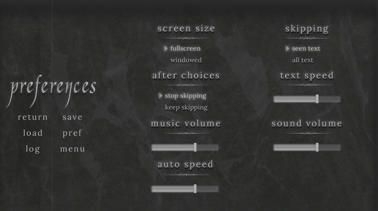 dark grey themed preferences menu