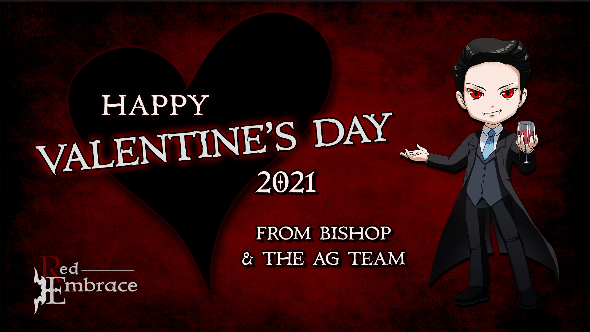 happy valentines day 2021 from bishop and argent games. chibi bishop at right holding up a glass of wine or blood