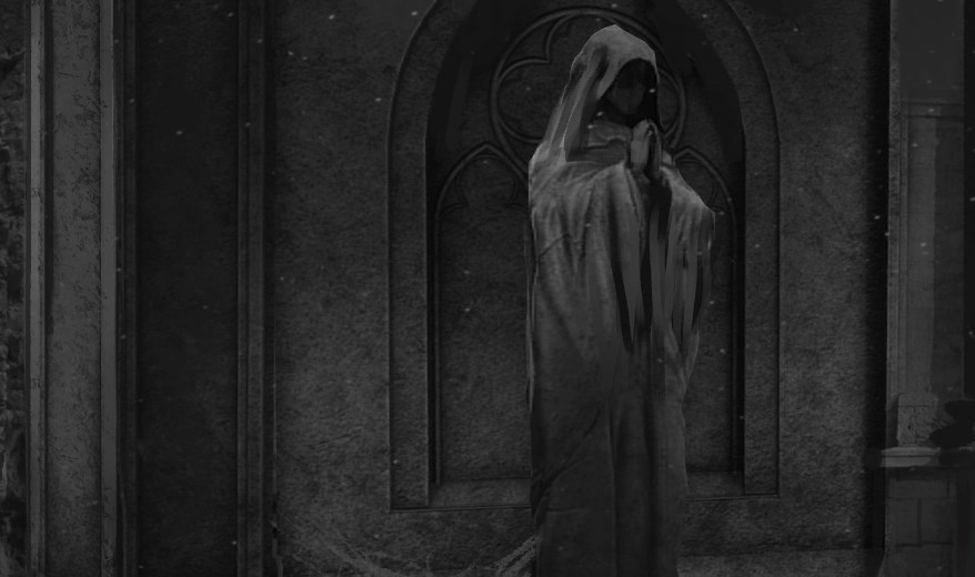 screenshot of a creepy statue in black and white