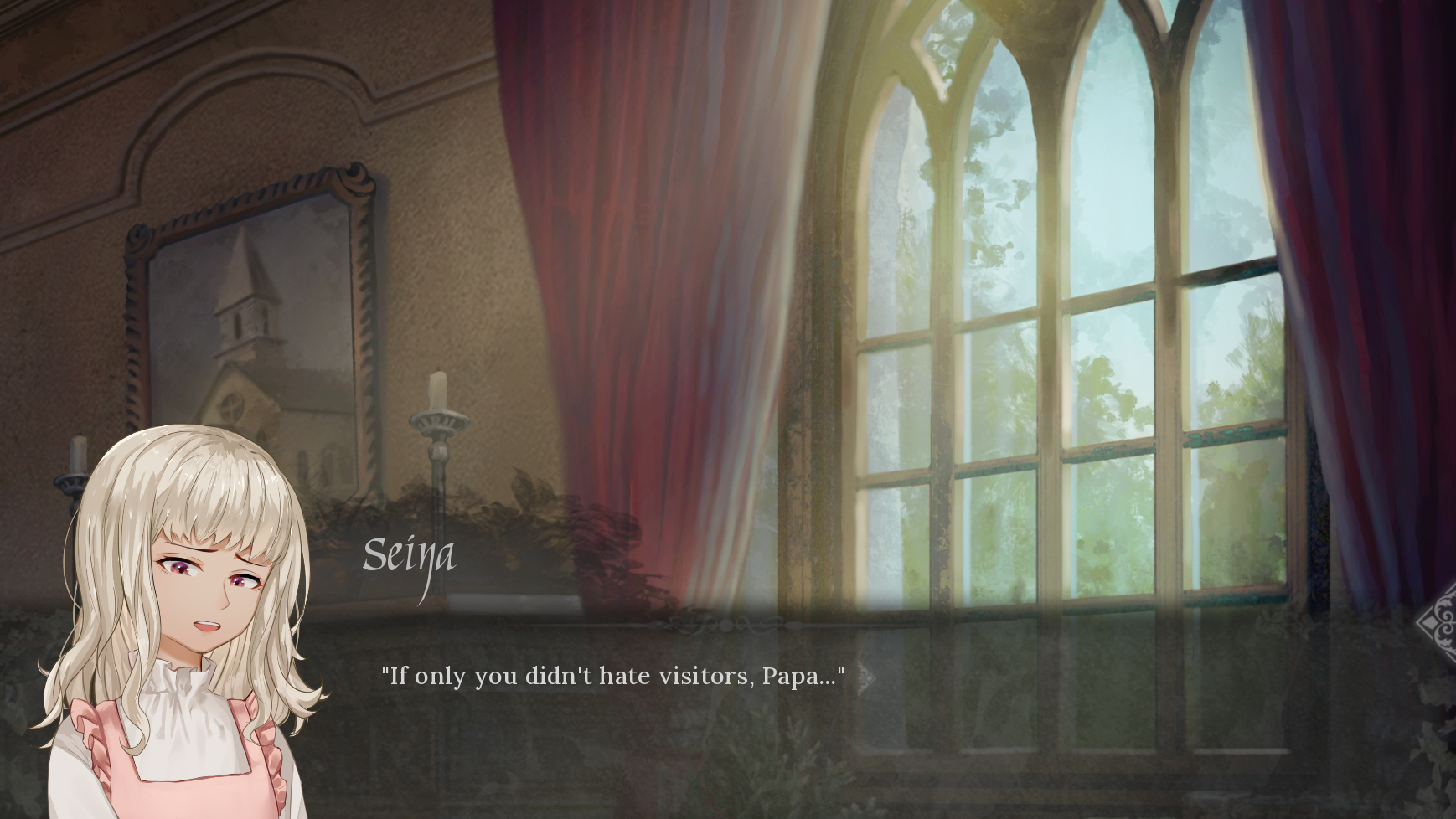 screenshot of daytime window, text spoken by Seina: 'If only you didn't hate visitors, Papa...'