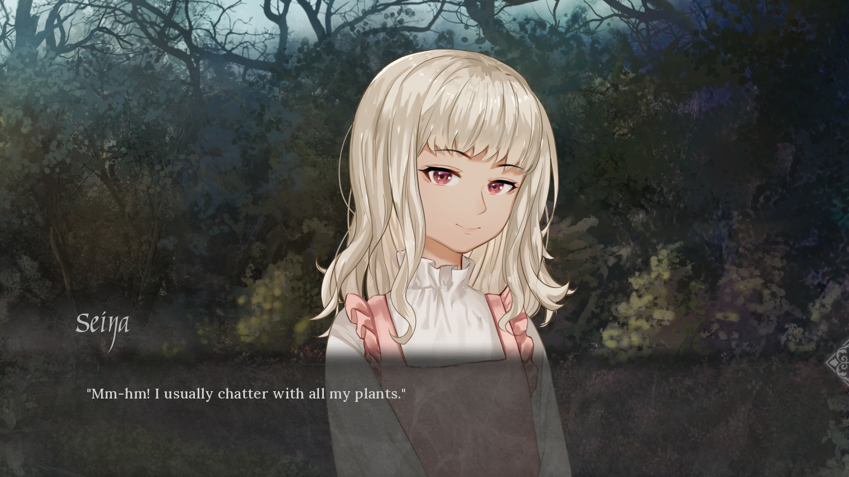 screenshot of daytime forest, text spoken by Seina: 'I always chatter with all my plants.'