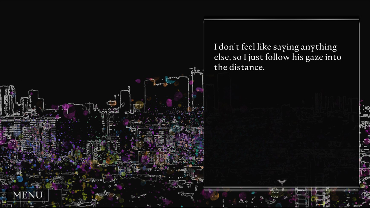 screenshot of night skyline, caption: 'I don't feel like saying anything else, so I just follow his gaze into the distance.'