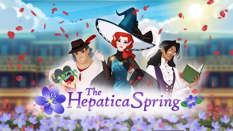 the hepatica spring banner with three main characters on top of the hotel background