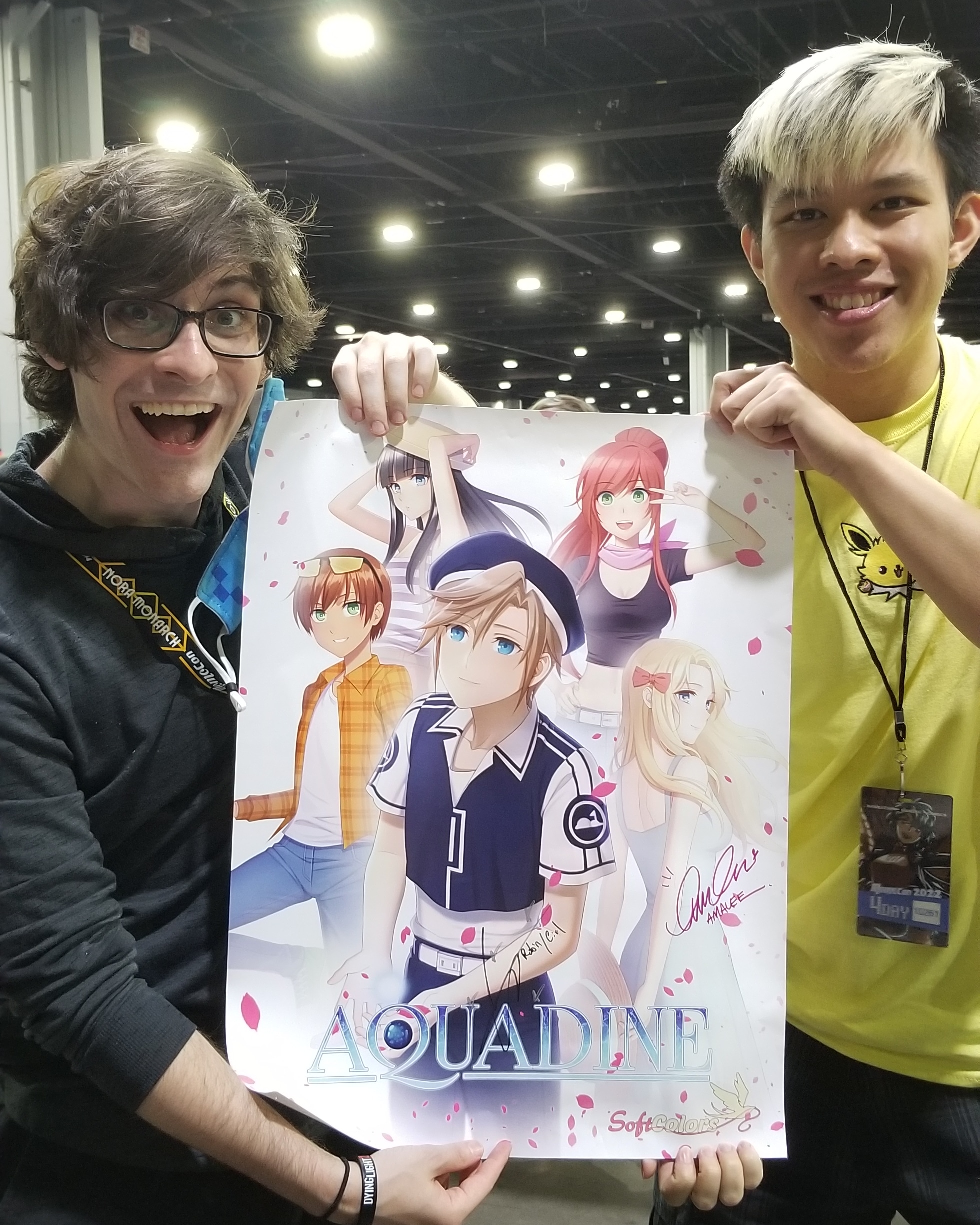 voice actor of main character in Aquadine posing with the lead developer of Aquadine, Brian @softcolors