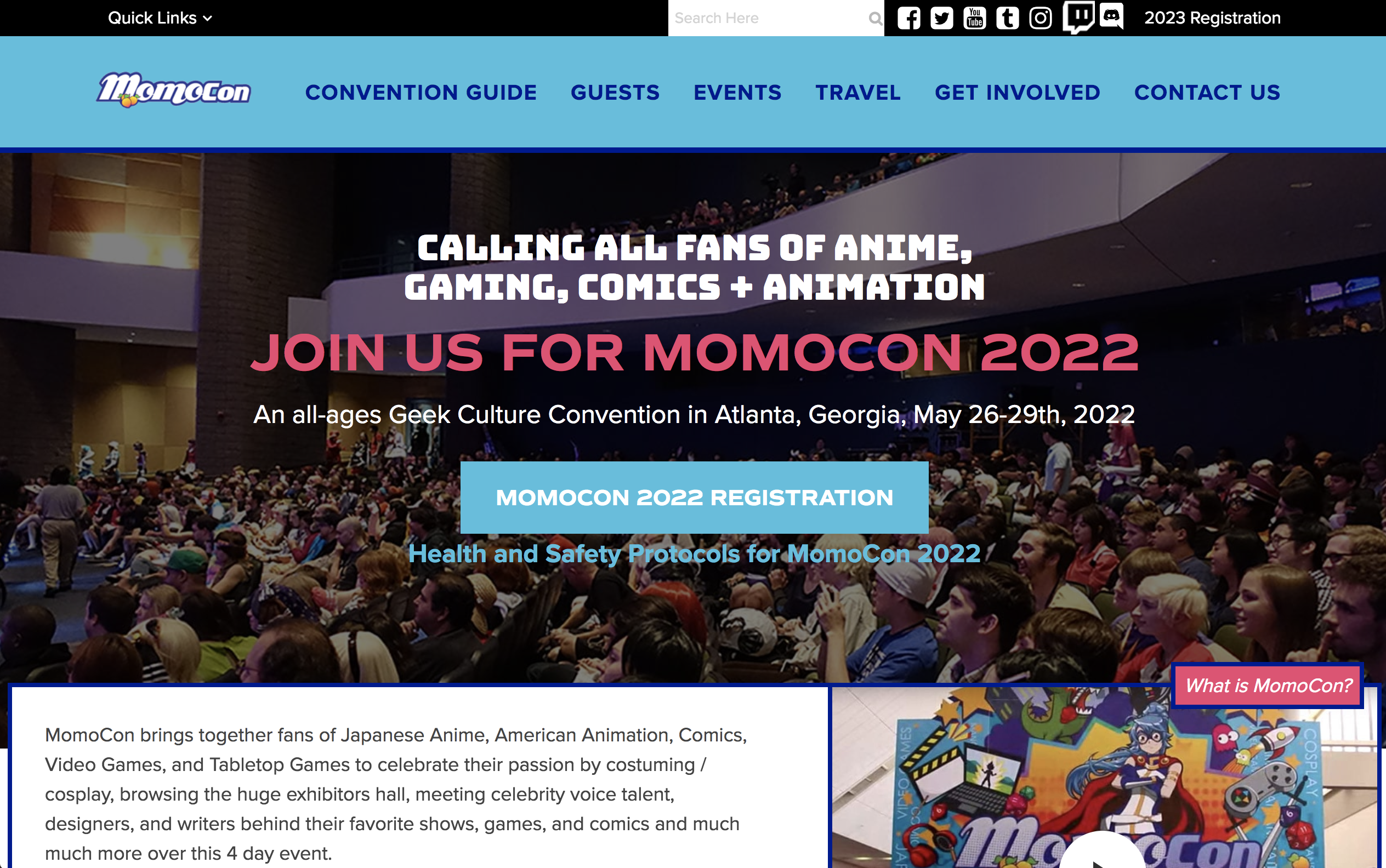 screenshot of the front page of momocon2022 website