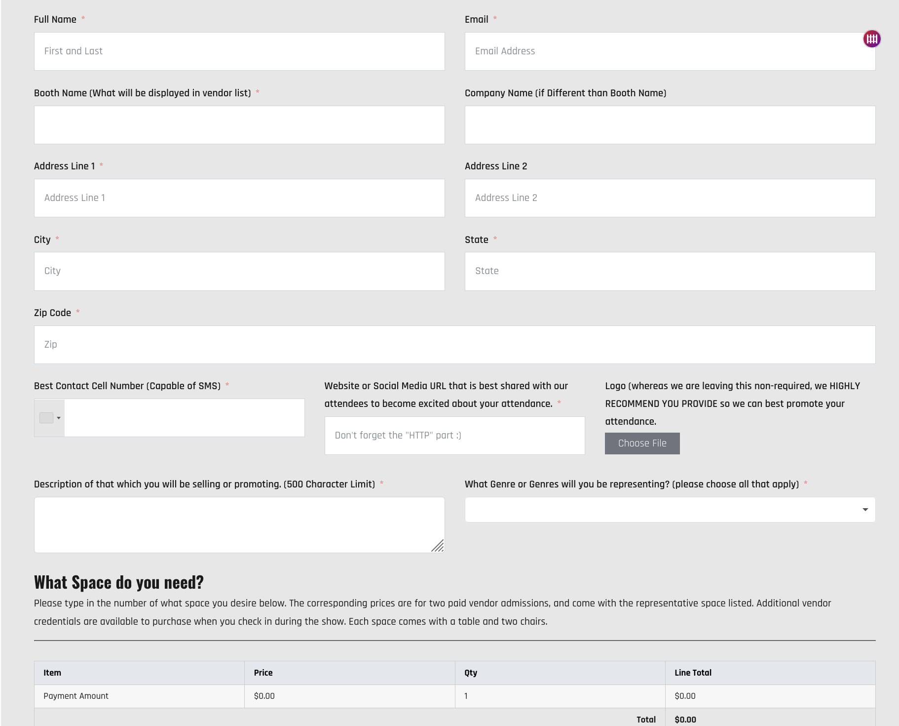 screenshot of vendor booth application on popcon website