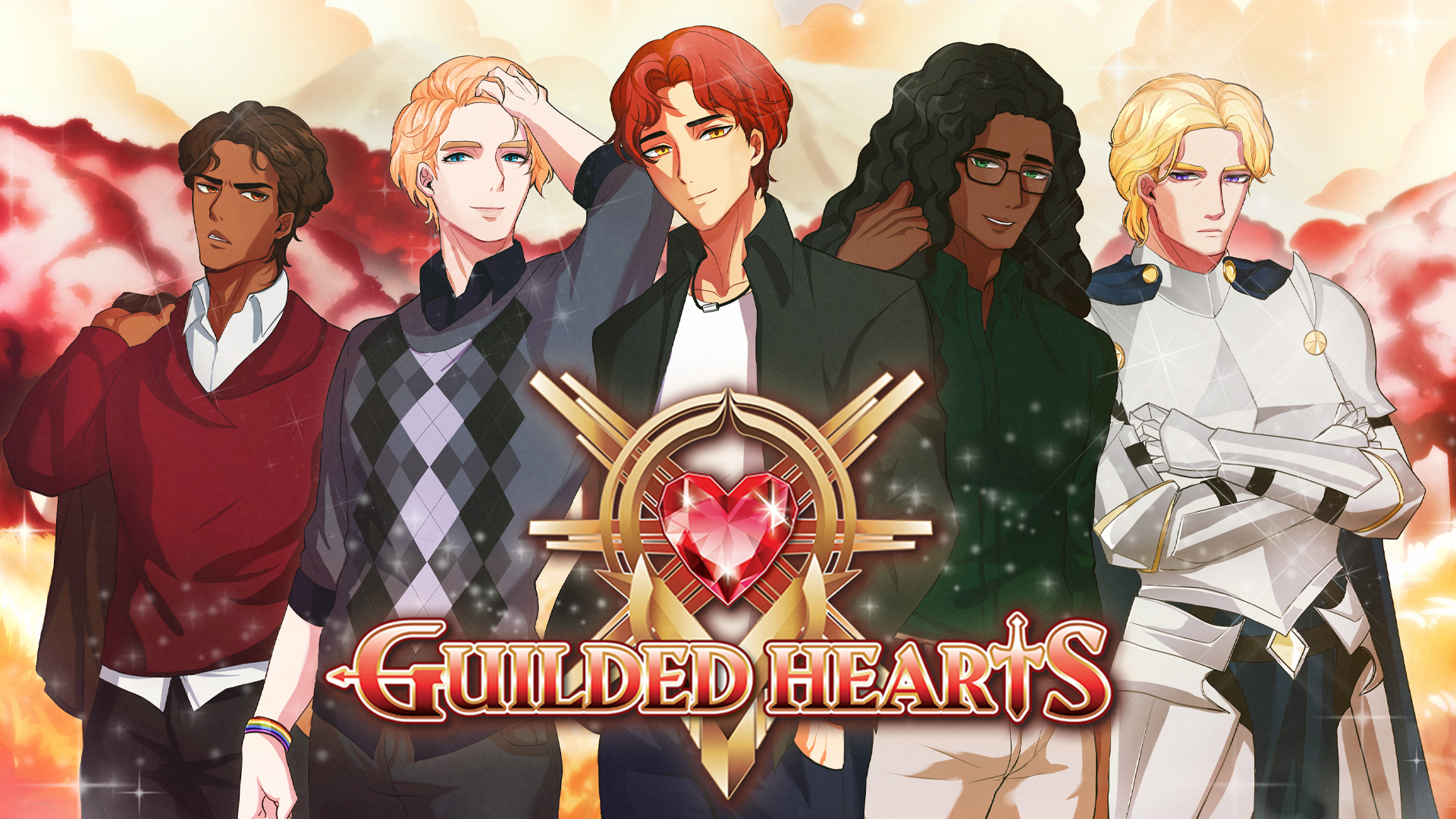 five male characters atop an orange and red fantasy field/mountain background with logo reading Guilded Hearts